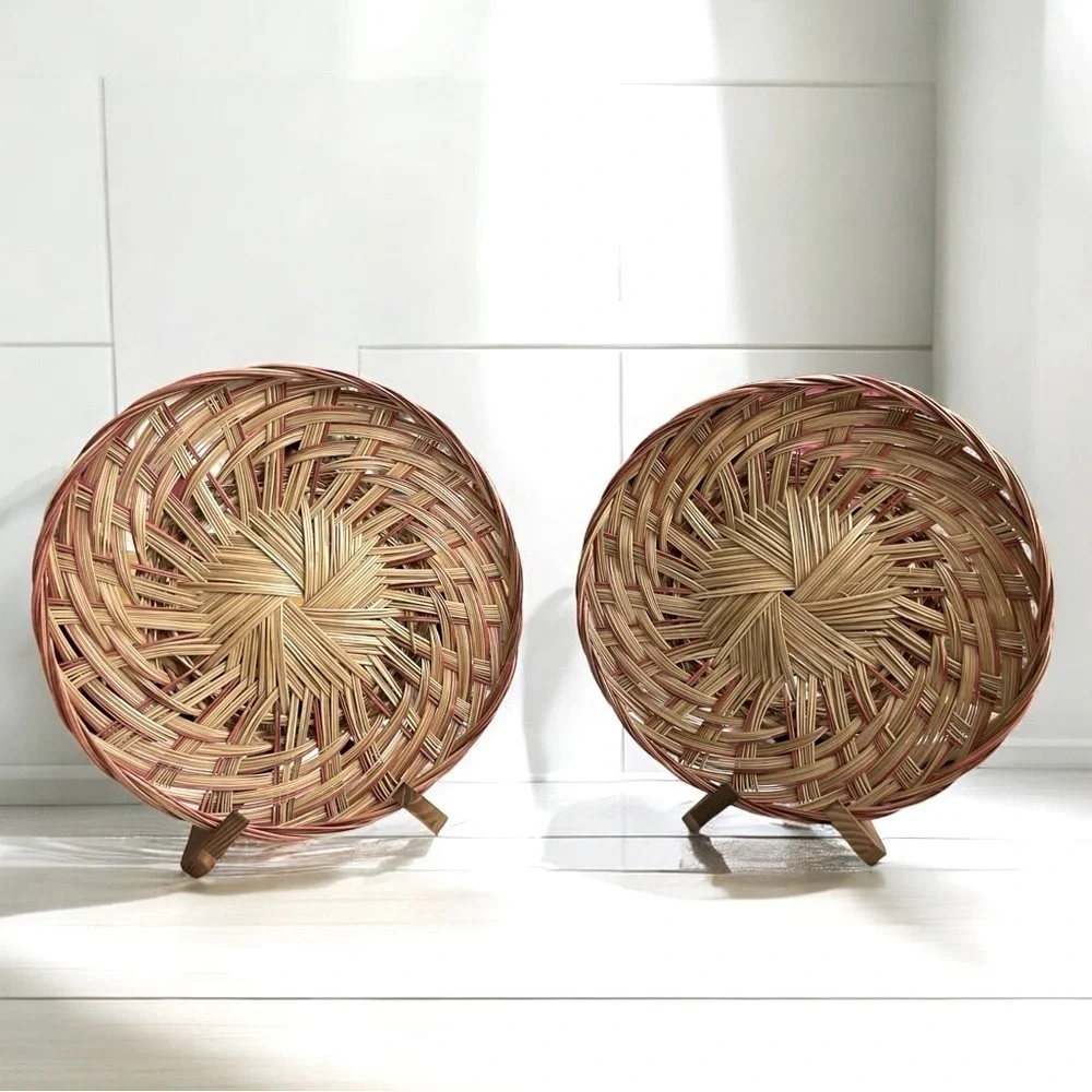 2 Basket Tray Round Two-Tone Coco Midrib Boho Rattan Wicker Reed Basket Decor